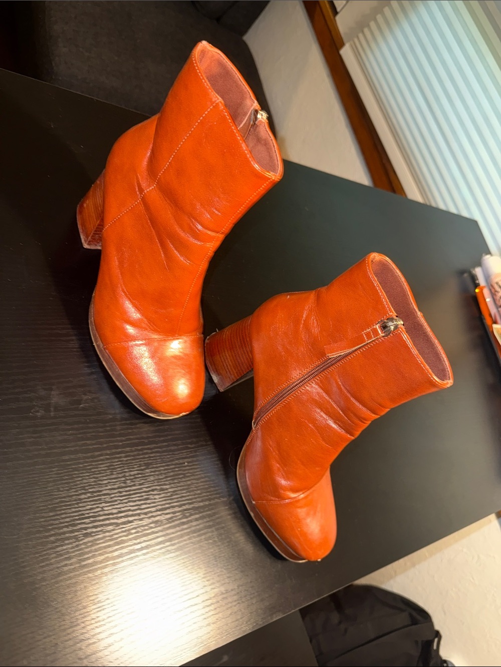 Orange Leather Block Heel Ankle Booties